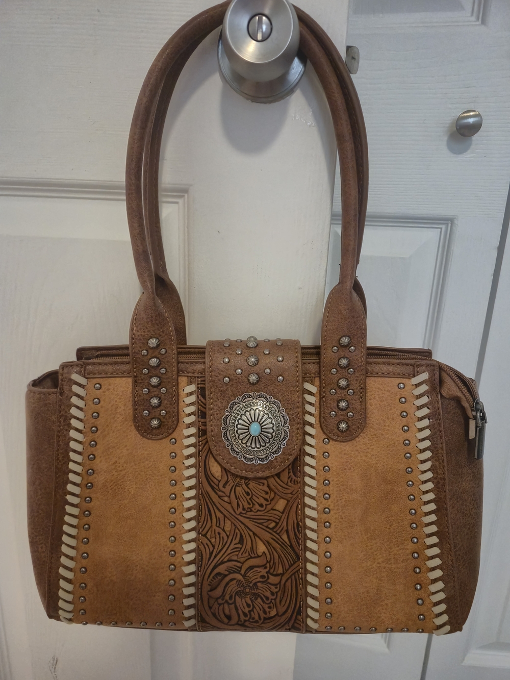 NWT Montana West Brown & Tan Western Tote with Concho Accent